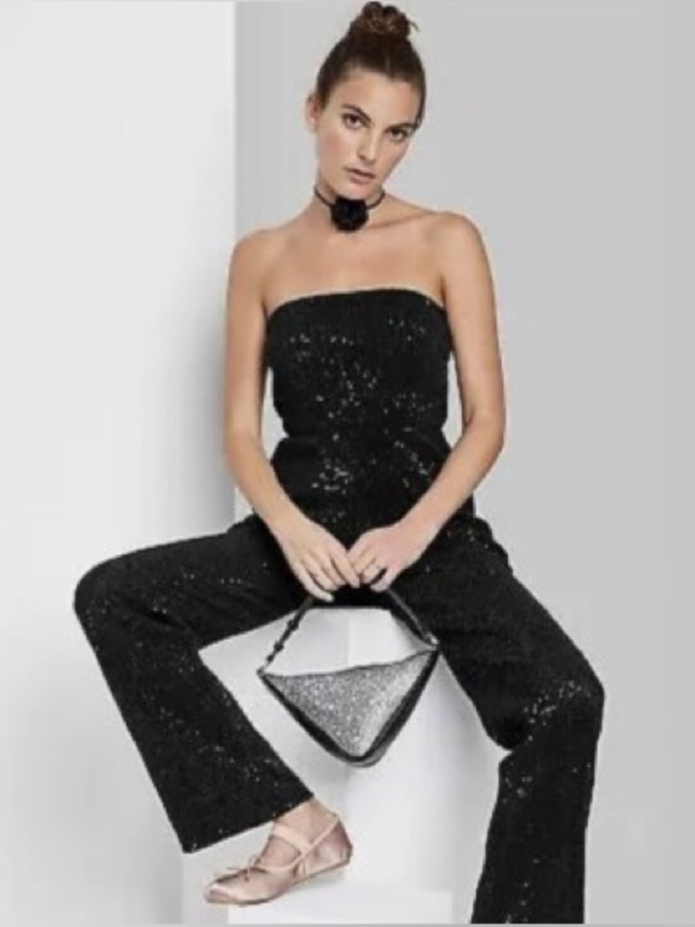 wild fable Black Strapless Sequin Ribbed Jumpsuit
